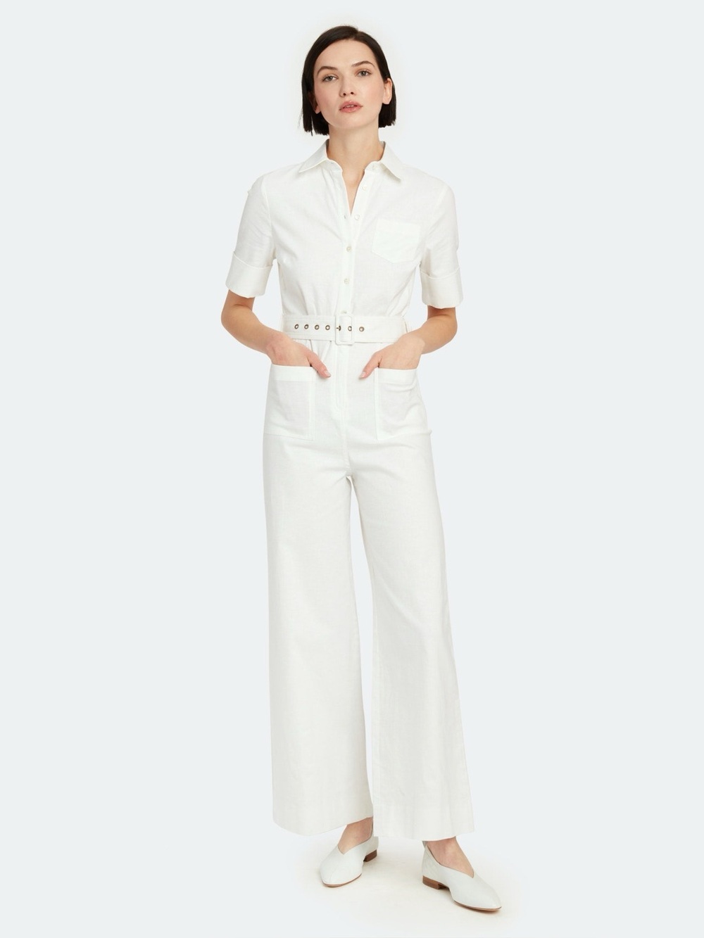 Staud Zavey Linen Blend Short Sleeve Jumpsuit in White Size XS